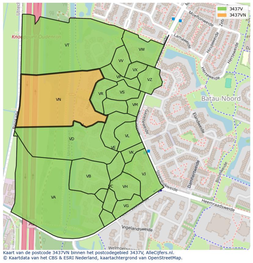 Afbeelding van het postcodegebied 3437 VN op de kaart.