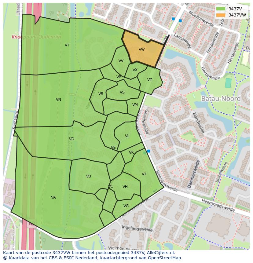 Afbeelding van het postcodegebied 3437 VW op de kaart.