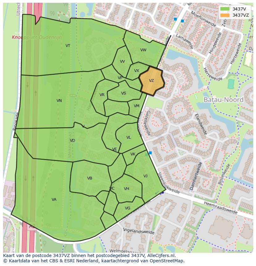 Afbeelding van het postcodegebied 3437 VZ op de kaart.