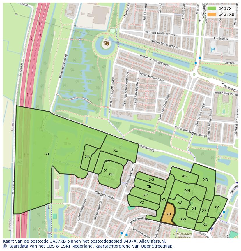 Afbeelding van het postcodegebied 3437 XB op de kaart.