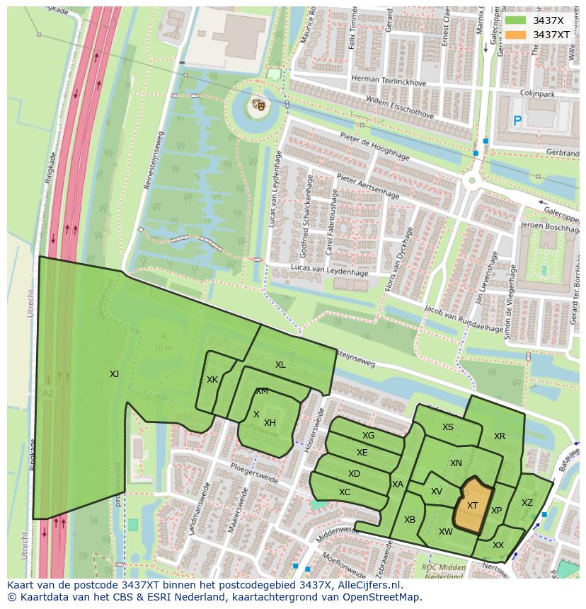Afbeelding van het postcodegebied 3437 XT op de kaart.
