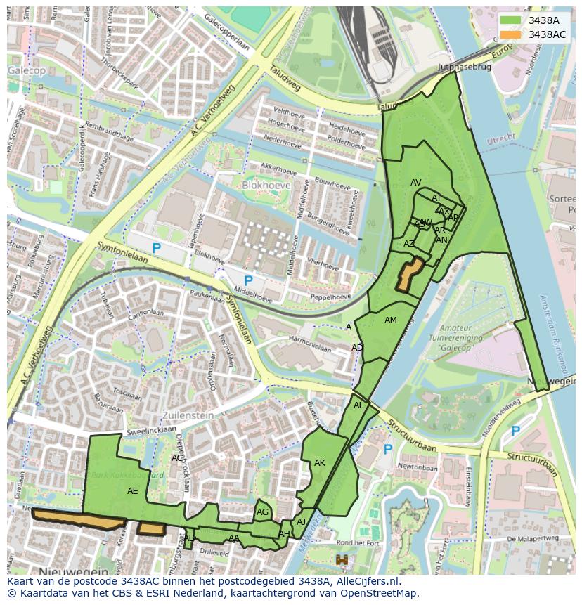 Afbeelding van het postcodegebied 3438 AC op de kaart.