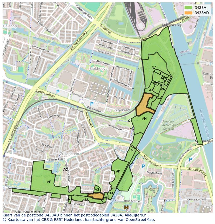 Afbeelding van het postcodegebied 3438 AD op de kaart.