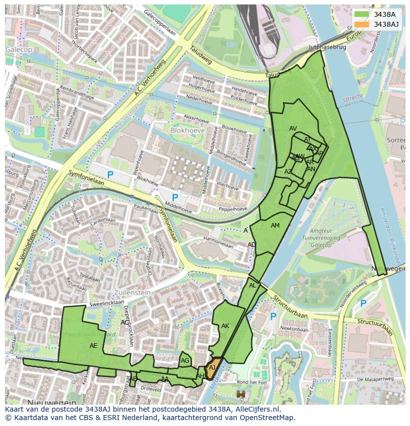 Afbeelding van het postcodegebied 3438 AJ op de kaart.