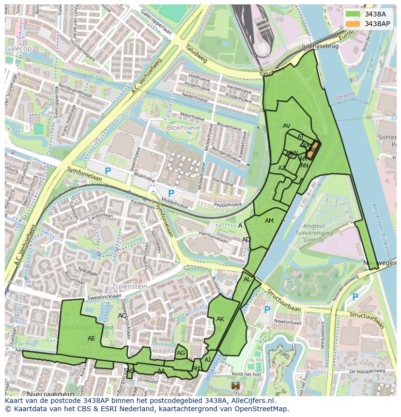 Afbeelding van het postcodegebied 3438 AP op de kaart.