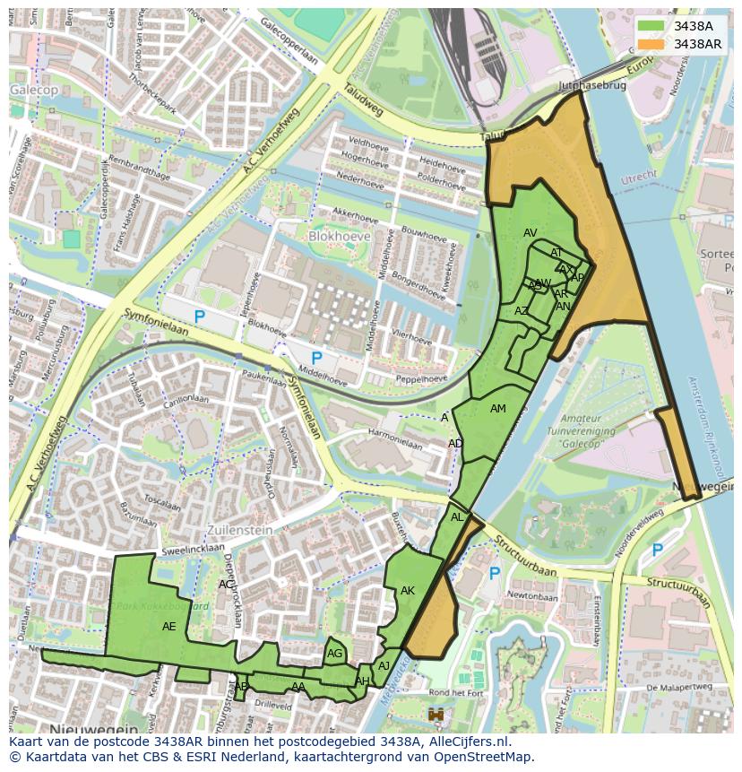 Afbeelding van het postcodegebied 3438 AR op de kaart.