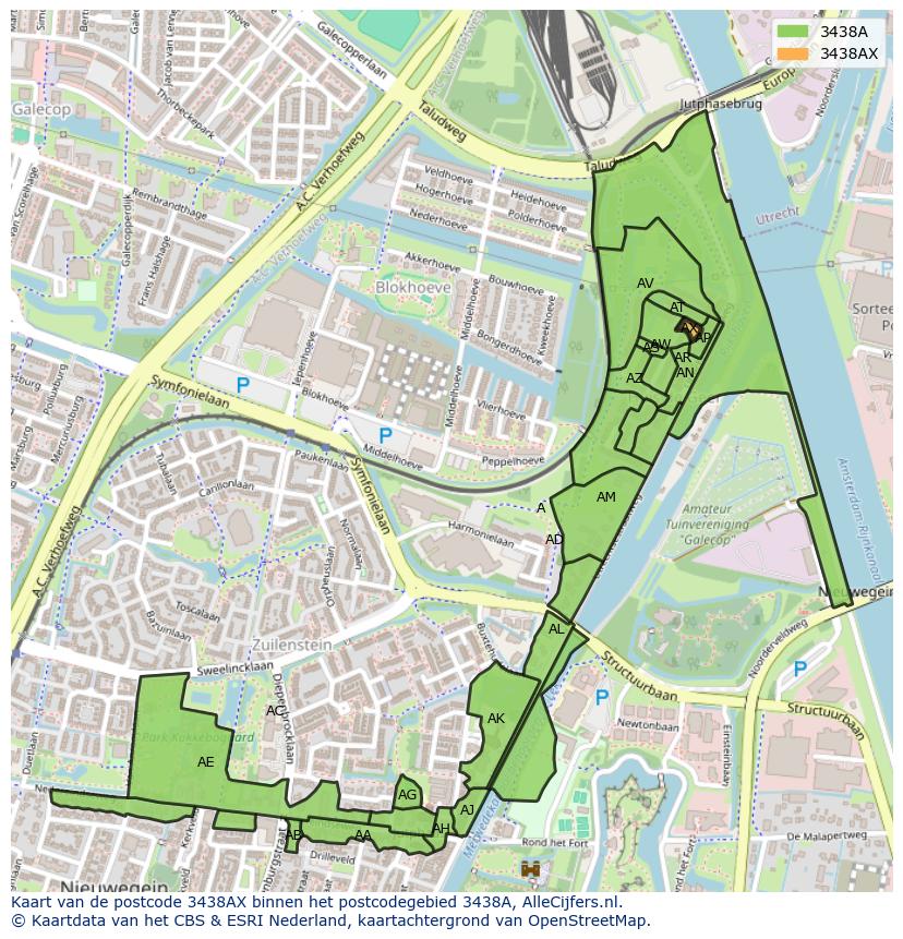 Afbeelding van het postcodegebied 3438 AX op de kaart.