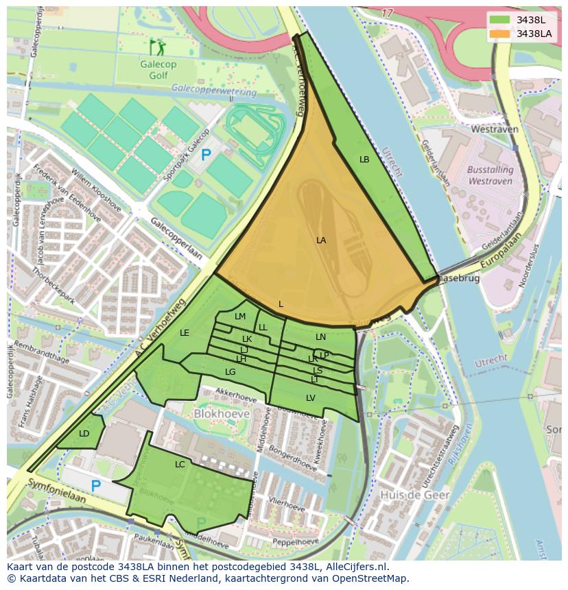 Afbeelding van het postcodegebied 3438 LA op de kaart.
