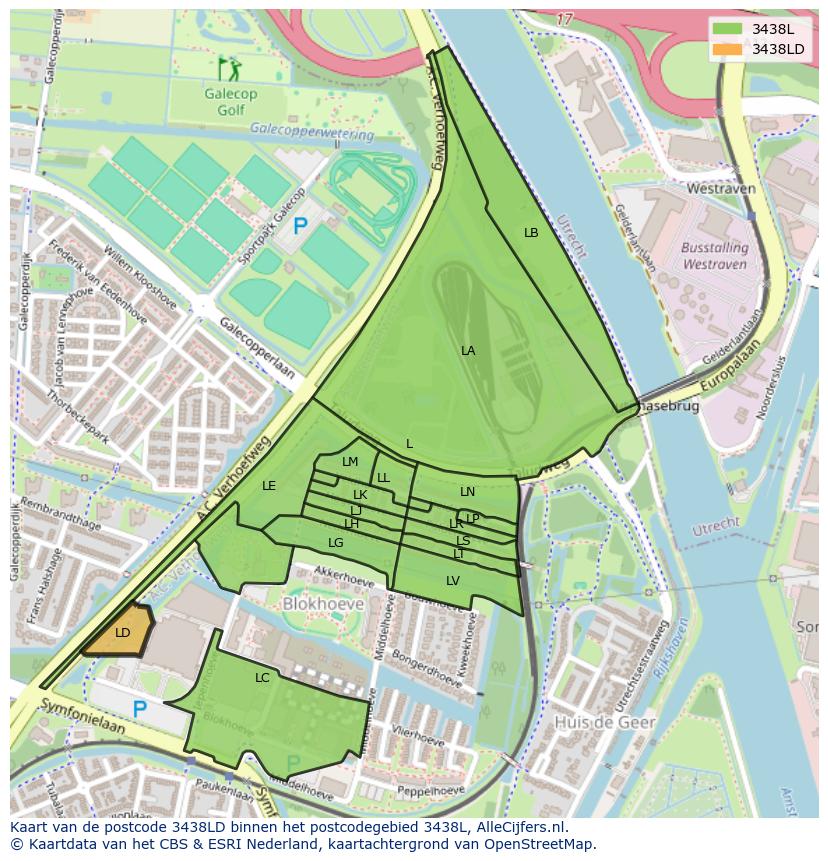 Afbeelding van het postcodegebied 3438 LD op de kaart.