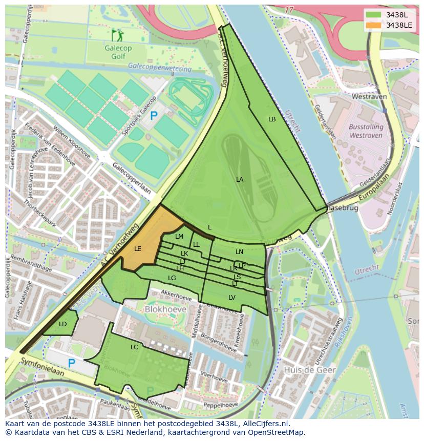 Afbeelding van het postcodegebied 3438 LE op de kaart.