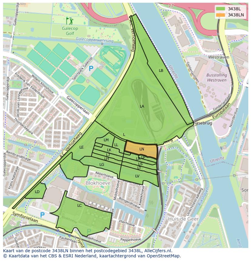 Afbeelding van het postcodegebied 3438 LN op de kaart.