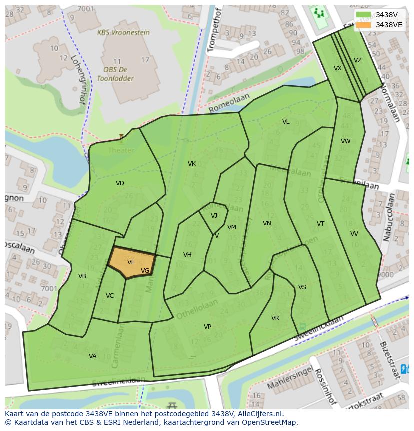 Afbeelding van het postcodegebied 3438 VE op de kaart.