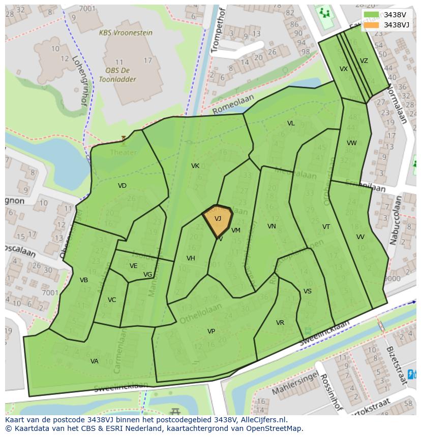 Afbeelding van het postcodegebied 3438 VJ op de kaart.