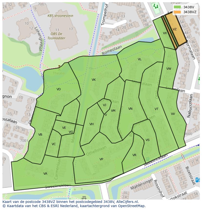 Afbeelding van het postcodegebied 3438 VZ op de kaart.