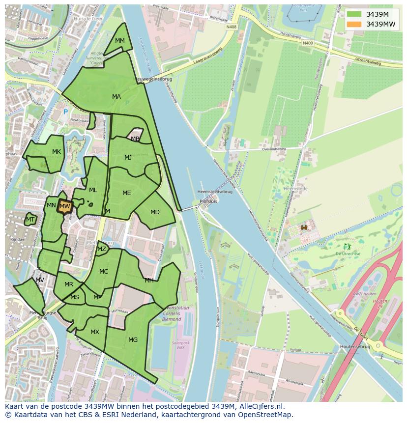 Afbeelding van het postcodegebied 3439 MW op de kaart.