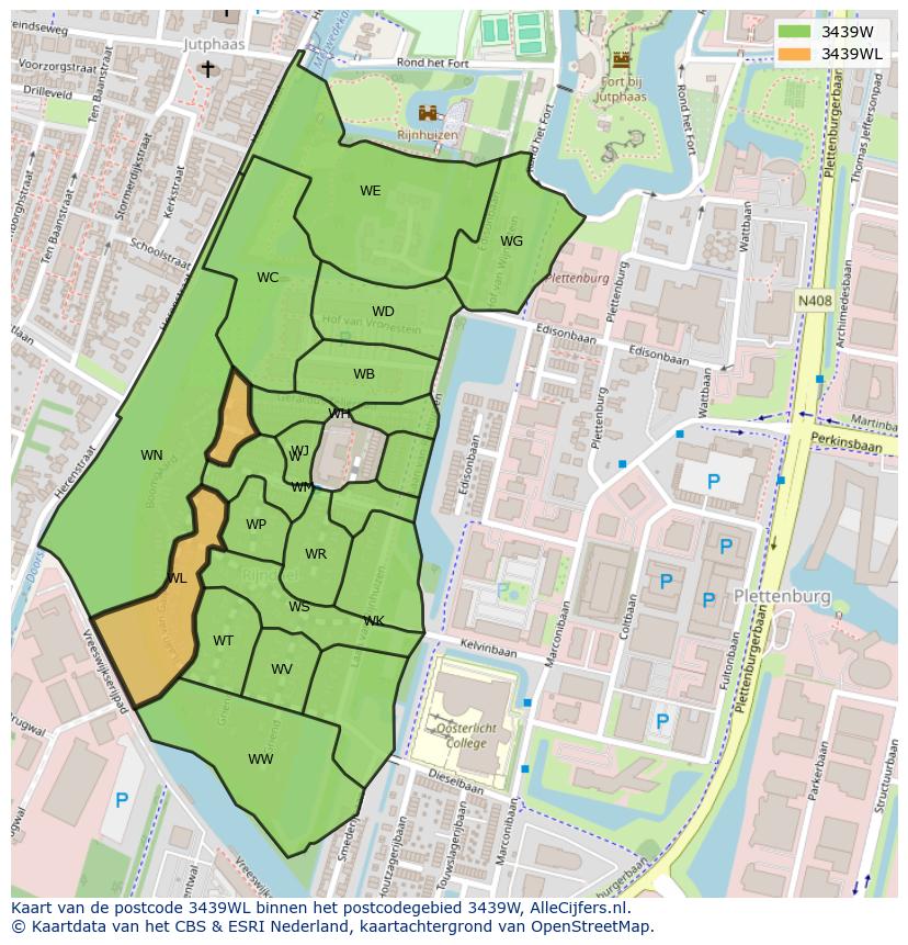 Afbeelding van het postcodegebied 3439 WL op de kaart.