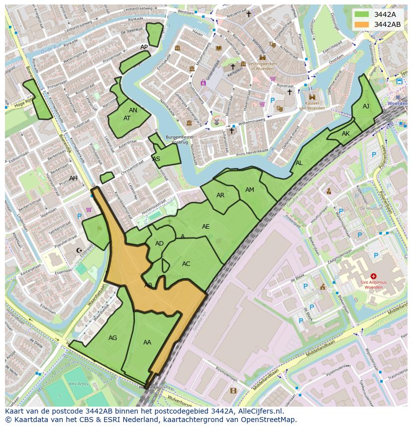 Afbeelding van het postcodegebied 3442 AB op de kaart.