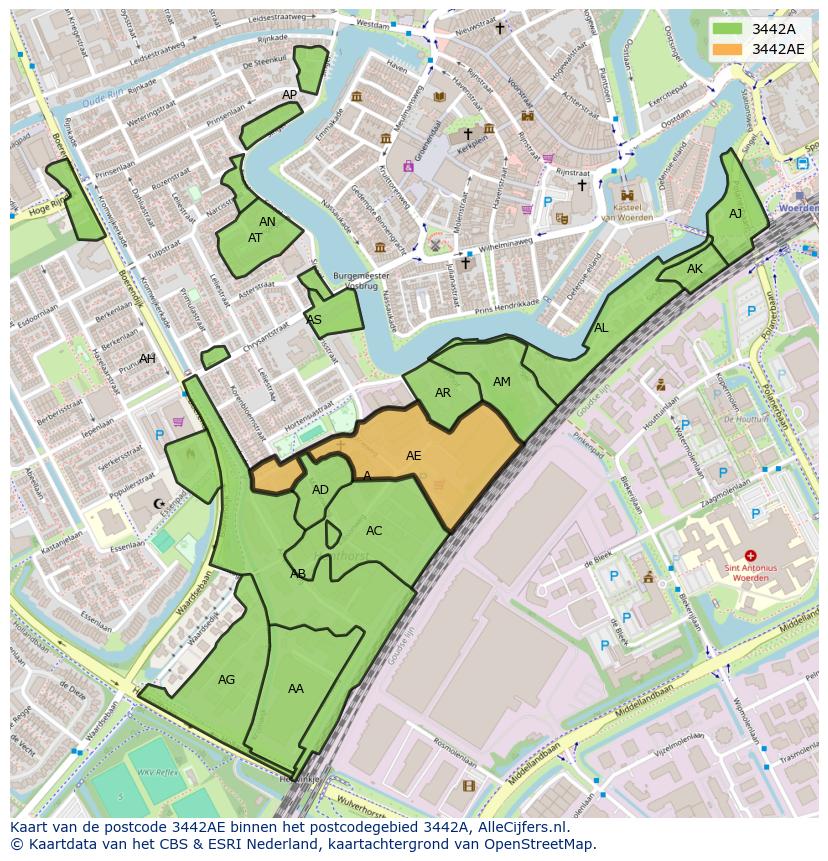 Afbeelding van het postcodegebied 3442 AE op de kaart.