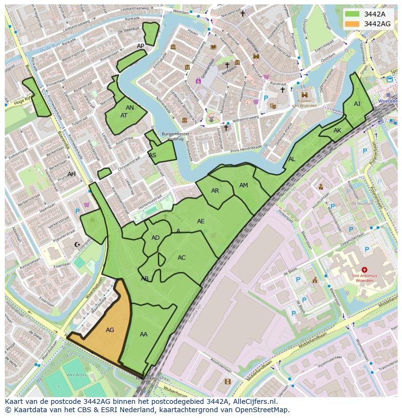 Afbeelding van het postcodegebied 3442 AG op de kaart.