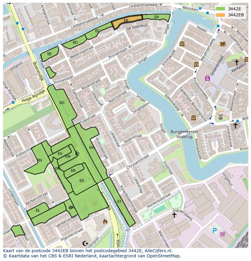 Afbeelding van het postcodegebied 3442 EB op de kaart.