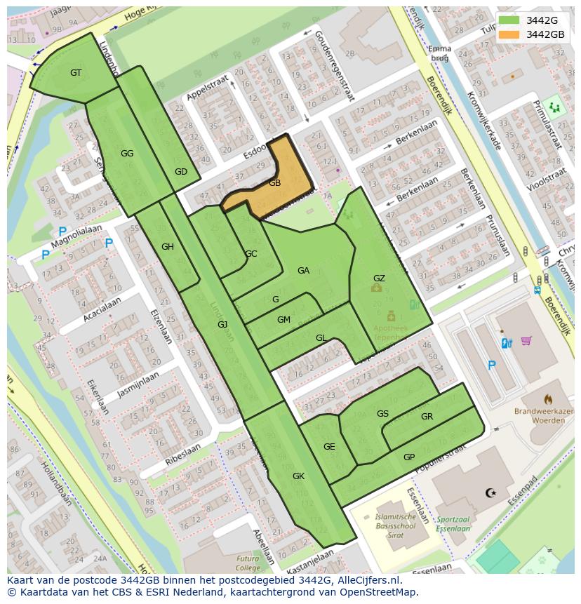 Afbeelding van het postcodegebied 3442 GB op de kaart.