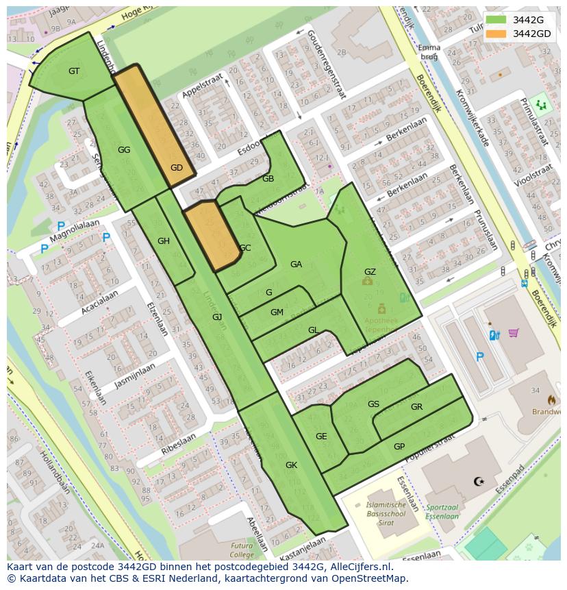 Afbeelding van het postcodegebied 3442 GD op de kaart.