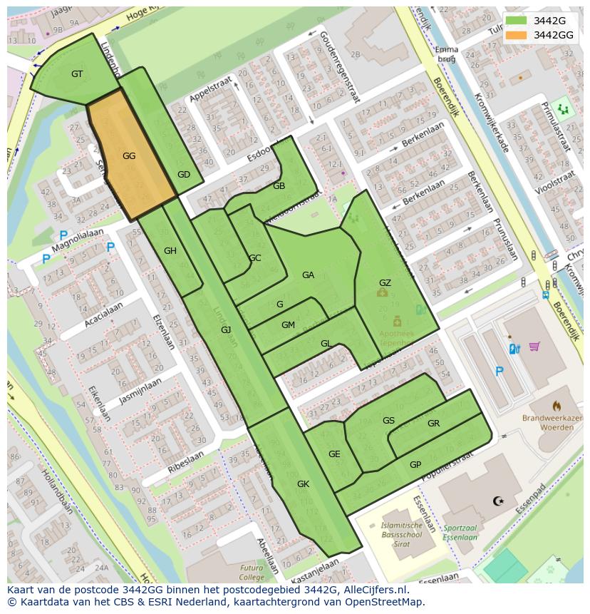 Afbeelding van het postcodegebied 3442 GG op de kaart.