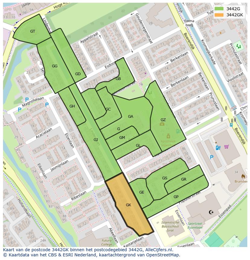 Afbeelding van het postcodegebied 3442 GK op de kaart.