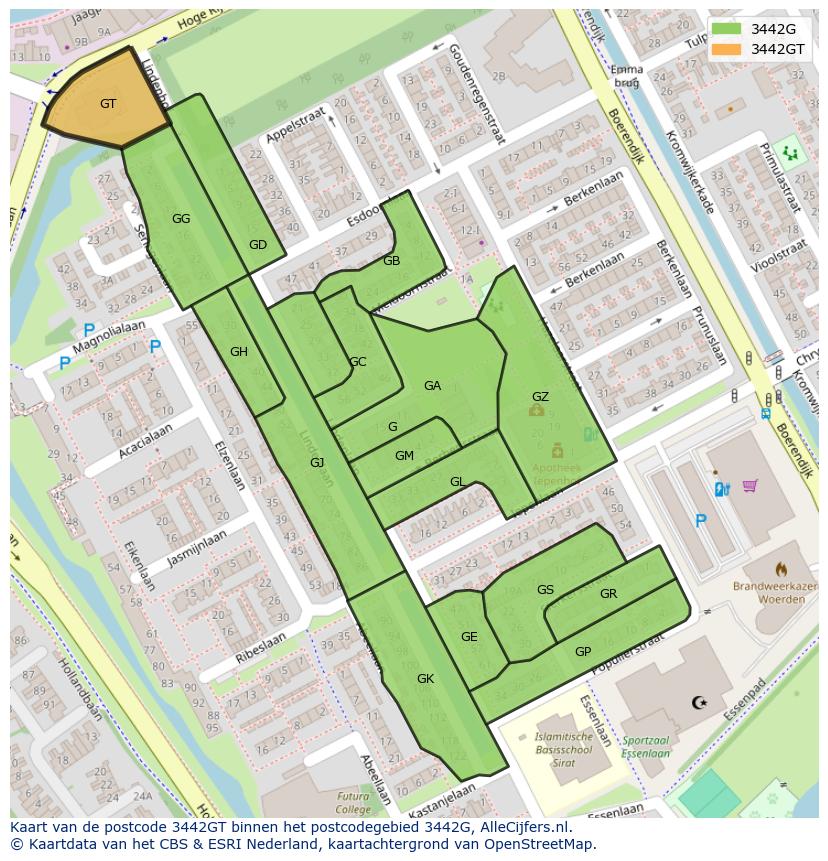 Afbeelding van het postcodegebied 3442 GT op de kaart.