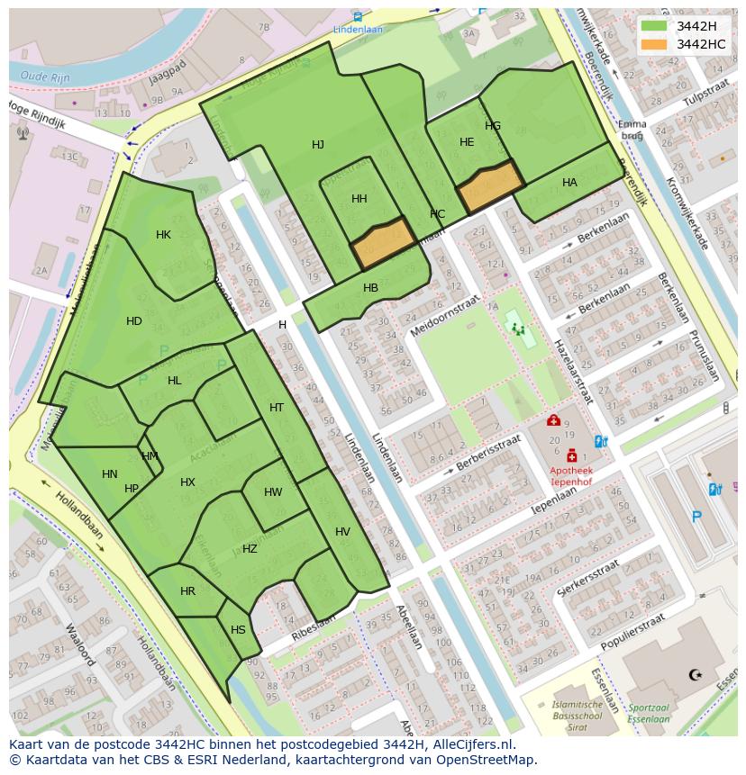 Afbeelding van het postcodegebied 3442 HC op de kaart.