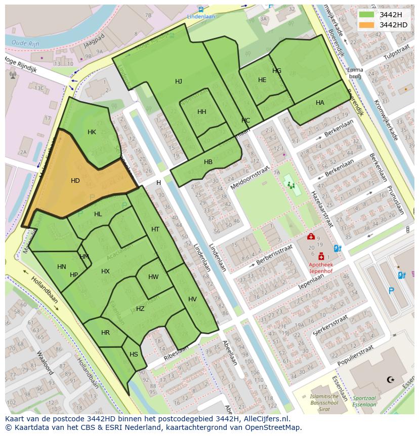 Afbeelding van het postcodegebied 3442 HD op de kaart.