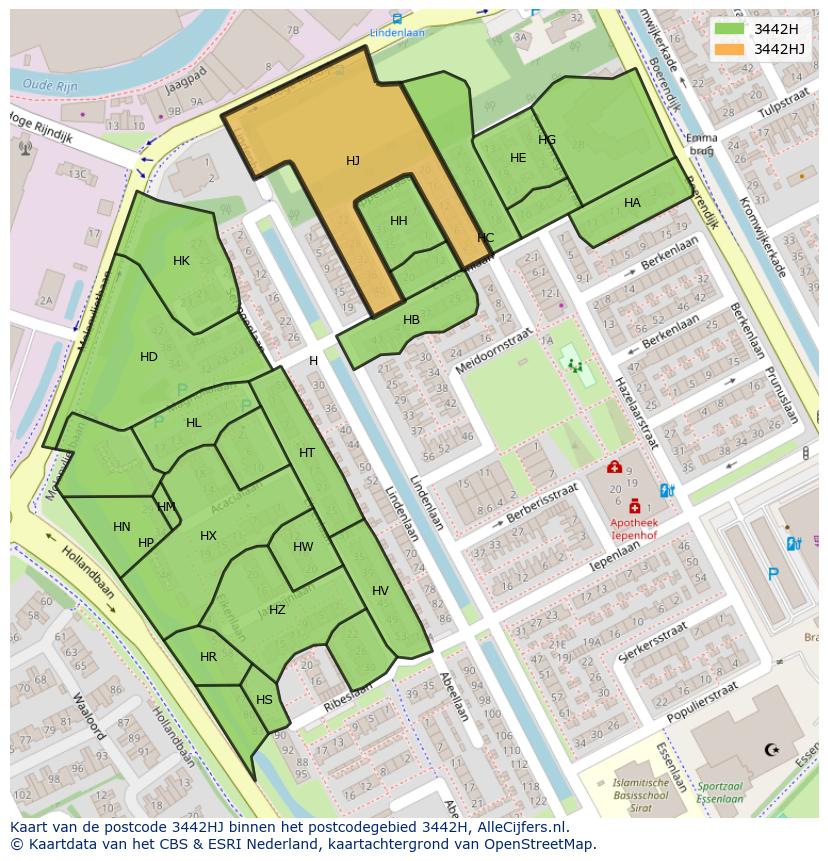 Afbeelding van het postcodegebied 3442 HJ op de kaart.