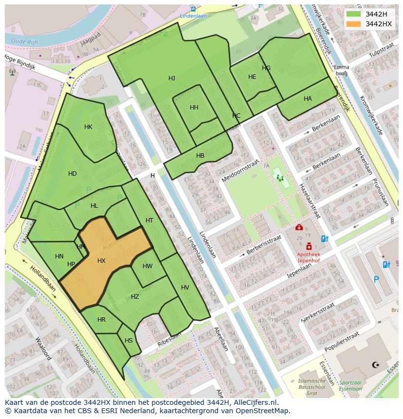 Afbeelding van het postcodegebied 3442 HX op de kaart.