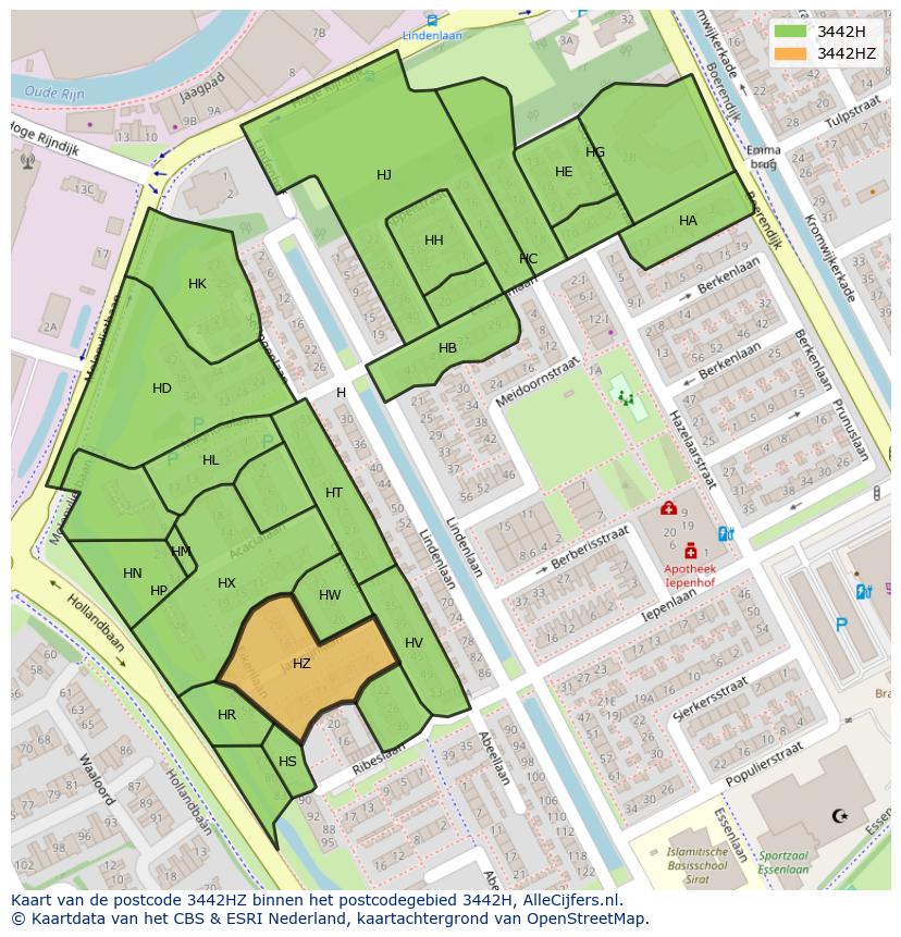 Afbeelding van het postcodegebied 3442 HZ op de kaart.