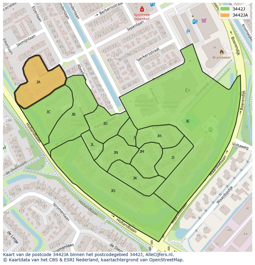 Afbeelding van het postcodegebied 3442 JA op de kaart.