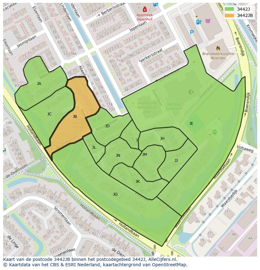 Afbeelding van het postcodegebied 3442 JB op de kaart.