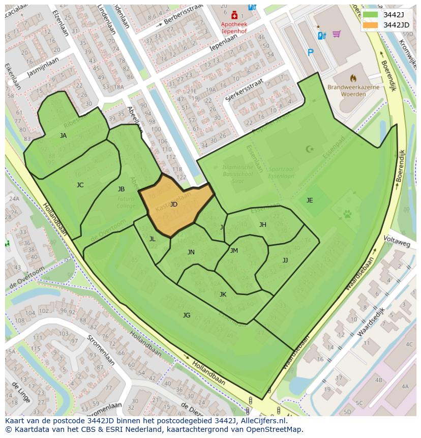Afbeelding van het postcodegebied 3442 JD op de kaart.