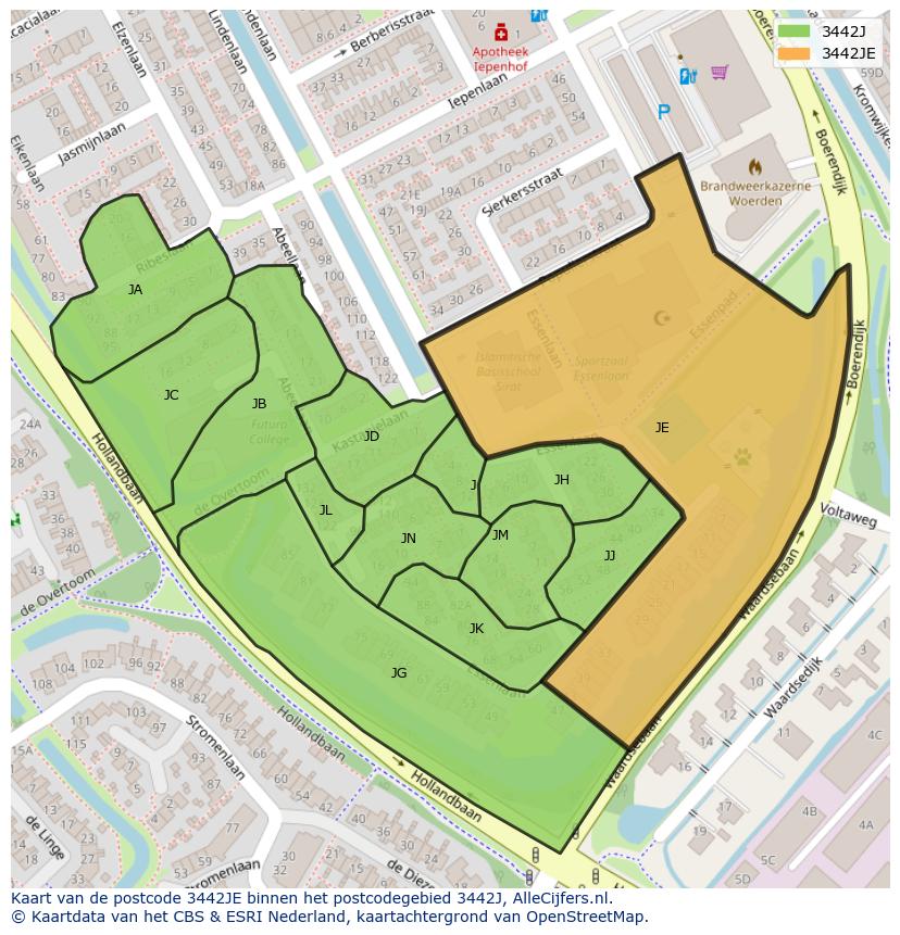 Afbeelding van het postcodegebied 3442 JE op de kaart.