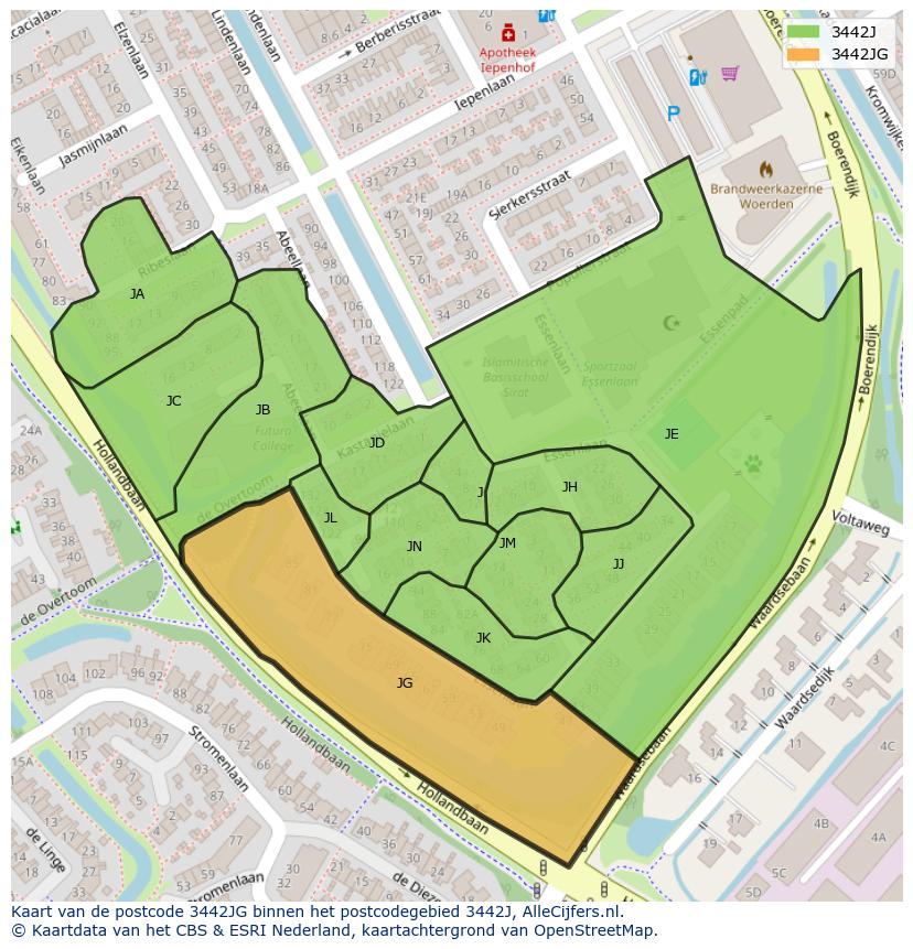 Afbeelding van het postcodegebied 3442 JG op de kaart.
