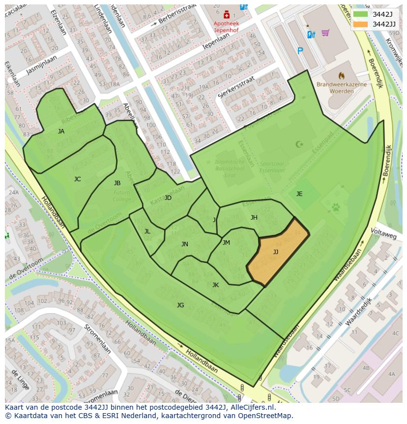 Afbeelding van het postcodegebied 3442 JJ op de kaart.
