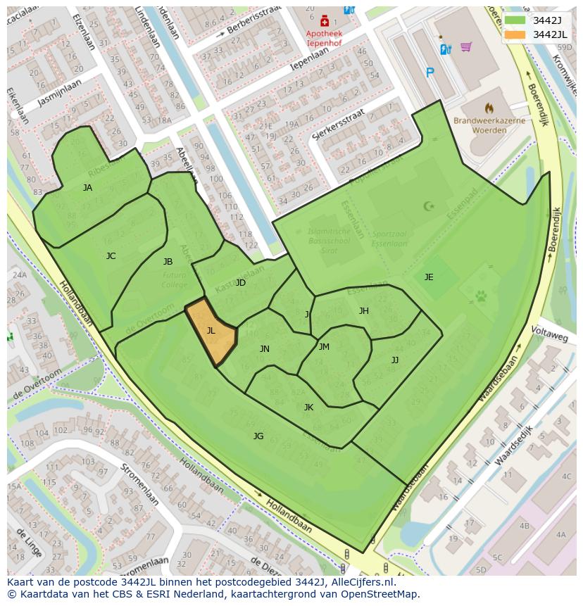 Afbeelding van het postcodegebied 3442 JL op de kaart.