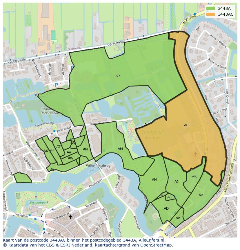 Afbeelding van het postcodegebied 3443 AC op de kaart.