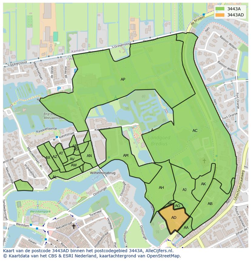 Afbeelding van het postcodegebied 3443 AD op de kaart.