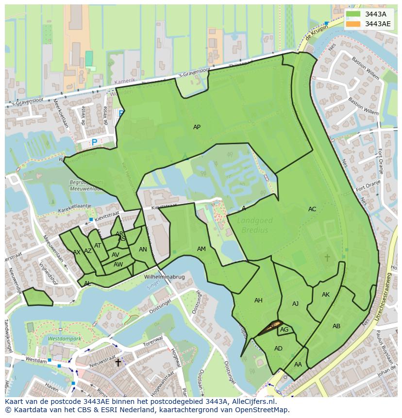 Afbeelding van het postcodegebied 3443 AE op de kaart.