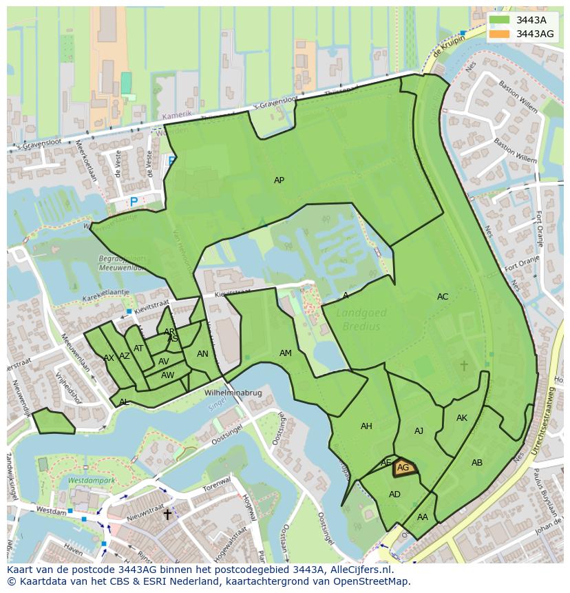 Afbeelding van het postcodegebied 3443 AG op de kaart.