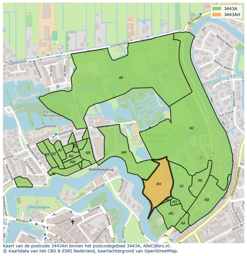 Afbeelding van het postcodegebied 3443 AH op de kaart.