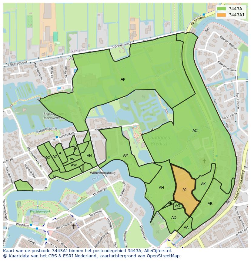 Afbeelding van het postcodegebied 3443 AJ op de kaart.