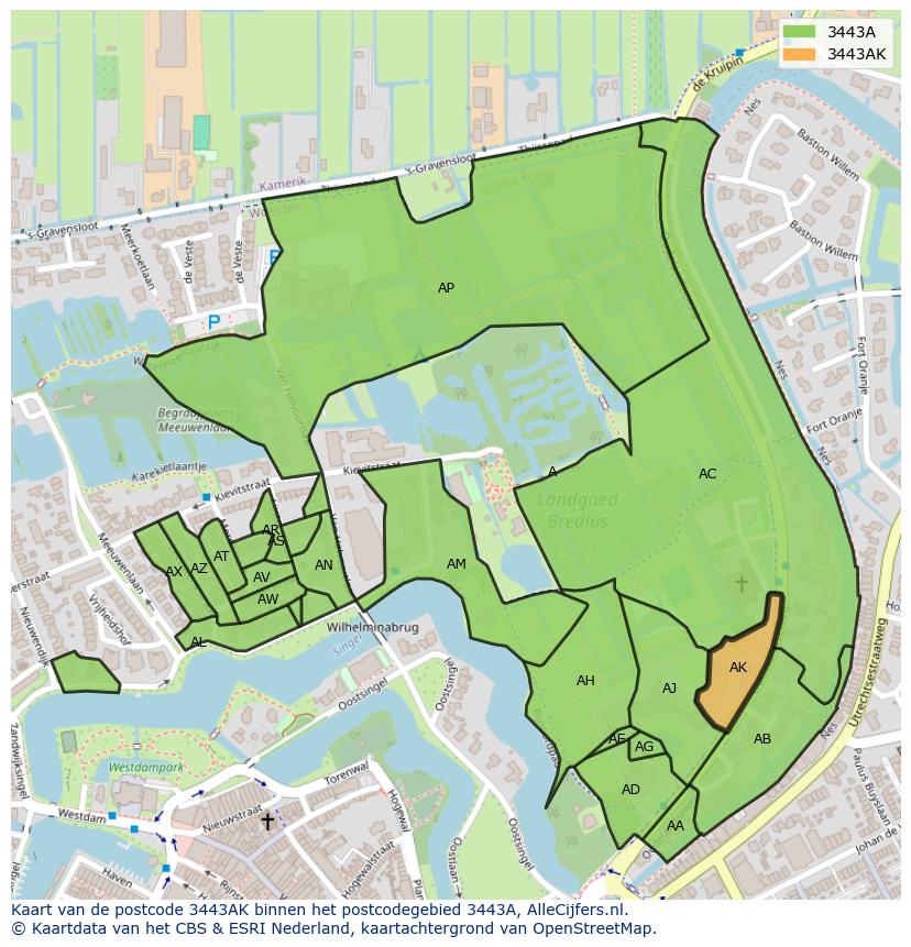 Afbeelding van het postcodegebied 3443 AK op de kaart.