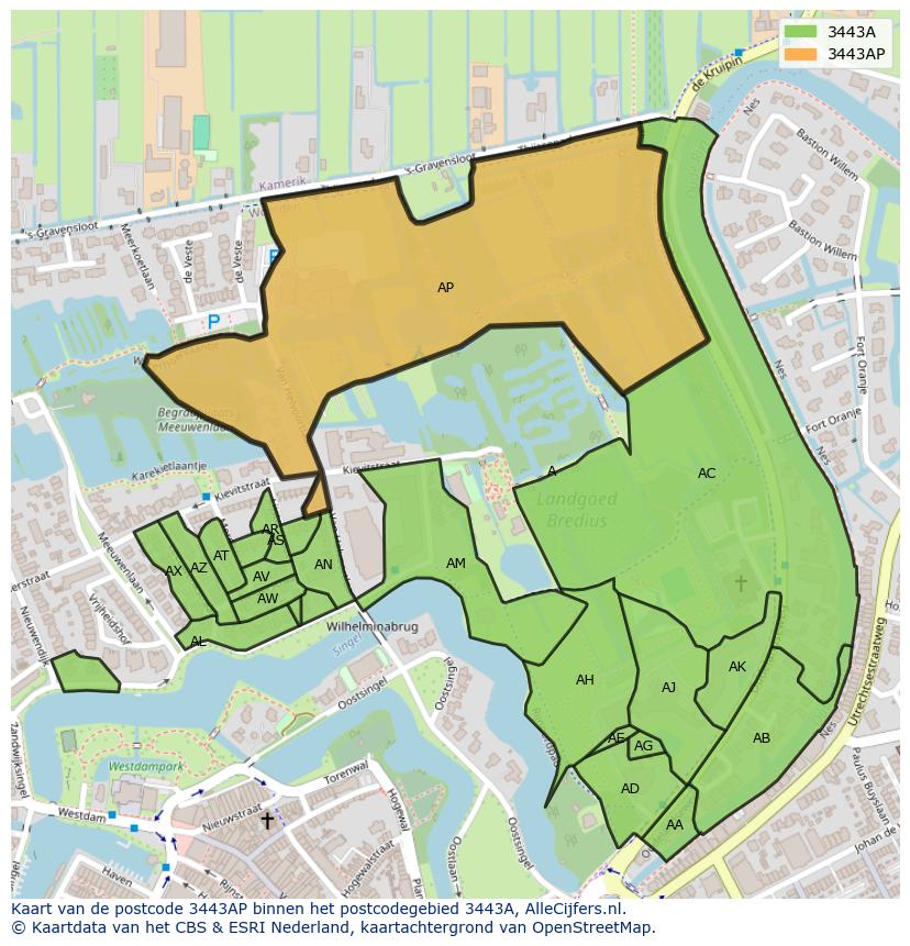 Afbeelding van het postcodegebied 3443 AP op de kaart.