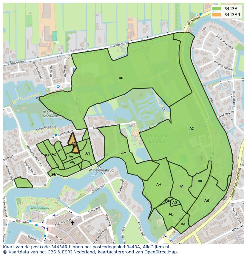 Afbeelding van het postcodegebied 3443 AR op de kaart.